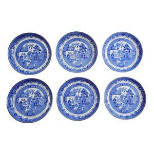 6 Vintage Royal Grafton Blue Willow Bone China Gold Trim Saucers 1949